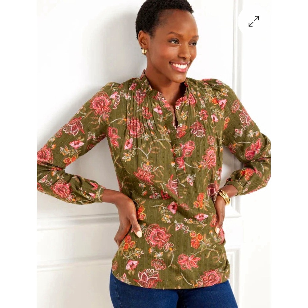Talbots Womens Floral Woven Blouse Split Neck Long Sleeve Button Pleat Sz S